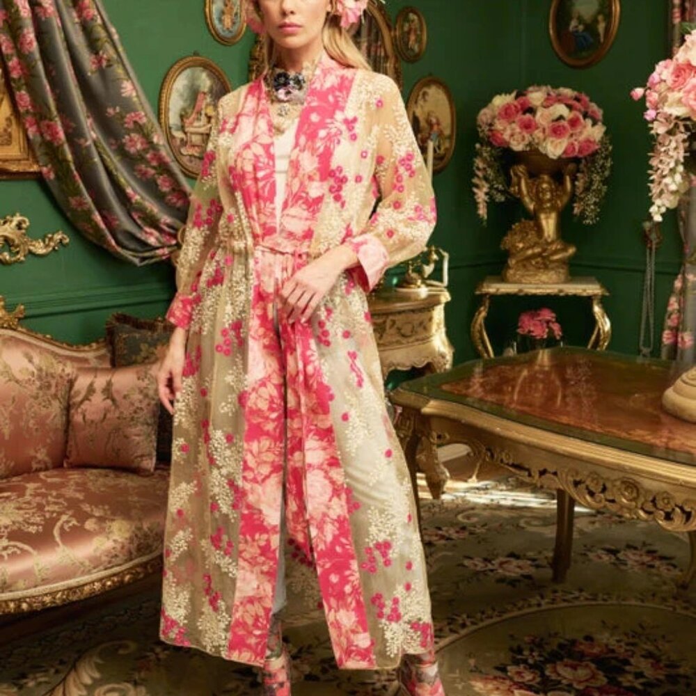 Aratta Silent Journey Fairy Rose Embroidered Sheer Duster Robe Floral Pink Cream